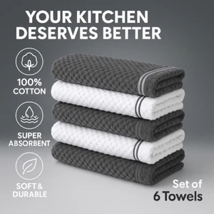 6 Pack Kitchen Towels 100% Cotton 15x25 Dish Cloths Super Absorbent Grey Set - Picture 1 of 11