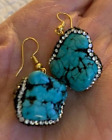 TURQUOISE LARGE NUGGEST PIERCED EARRINGS SURROUNDED BY RHINESTONES
