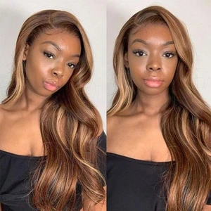 26 inch 4/27 Brown Colored 13x6 Highlight Ombre Lace Front Wigs Human Hair 18... - Picture 1 of 6