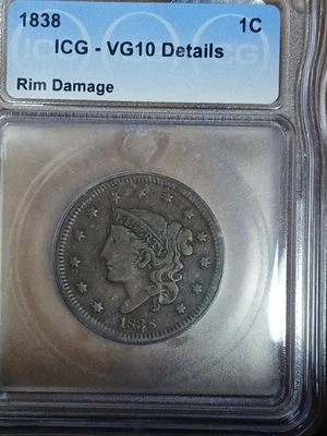 1838 Coronet Head Large Cent ICG VG10 Details - Image 1 of 4