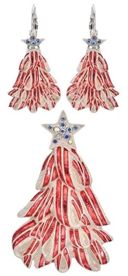 Kirks Folly Ribbon Candy Cane Pin Pendant & Earring Set silvertone - Image 1 of 4