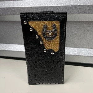 Western Wallet Mens Black Brown Genuine Leather Longhorn Horseshoe Concho Stud - Picture 1 of 9