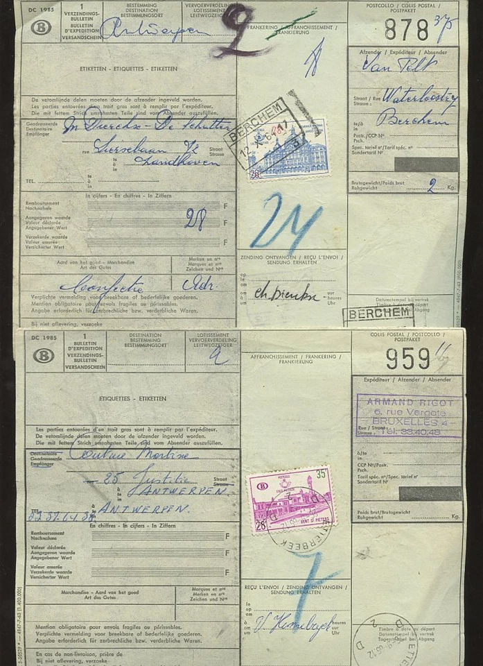 PAQUETES FERROVIARIOS BELGA AÑOS 60 RECARGOS en VERDE DC1985 PAQUETE POST 3 DIFERENTES Foto 1 de 1
