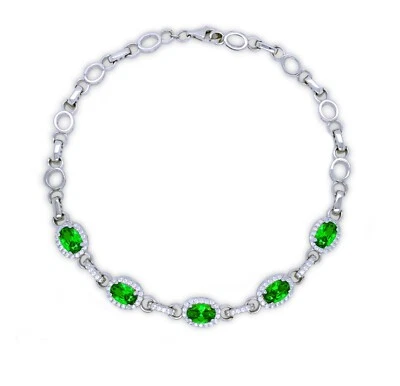 Pulsera para mujer - Circonita cúbica ovalada verde esmeralda - Diseño de eslabones de plata 925 - Idea de regalo Foto 1 de 4
