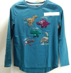 Cat & Jack Girl's Long Sleeve Flip Sequin Dinosaurs Shirt Botanical Blue M 7/8 - Picture 1 of 3