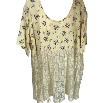 复古 Top 80 年代婴儿娃娃花卉蕾丝 Cottagecore 黄色陶器 美国波西米亚节日 L — 第 1/4 张图片