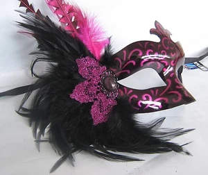 Pink & Black High Gloss Venetian Party Masquerade Mask With Feathers * NEW * - Picture 1 of 3