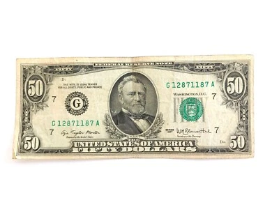 1977 $50 Fifty Dollar Bill Federal Reserve Note US Serial # G12871187A - Image 1 of 2