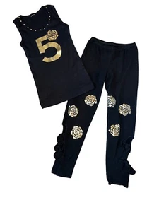Hope Jeans girls 2pc number 5 gold roses ribbed tank top and pants set size 8 - Picture 1 of 4