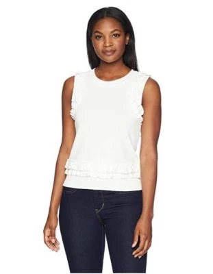 Nuevo Suéter Ivanka Trump Para Mujer Cuello Redondo Sin Mangas Volantes Marfil Pequeño Nuevo con Etiquetas  Foto 1 de 2