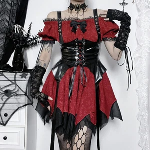 Christmas Red Lolita Dress Female Gothic Rock Party Mini Dress Women Retro Dress - Picture 1 of 27