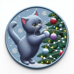 Russian Blue Cat in Christmas Tree Patch Printed Embroidered Iron-on Applique - Picture 1 of 11