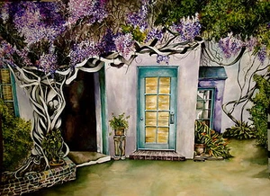 Artista Impresionista ORIGINAL COLOR AGUA pintura Puerta Wysteria jardín 21x28 - Imagen 1 de 1
