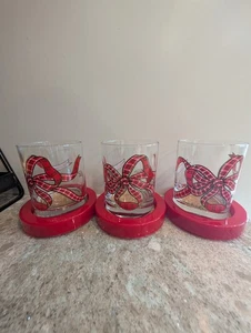 3 Georges Briard Signature Barware Rocks Glasses Bow  MCM Christmas with Coaster - Picture 1 of 8