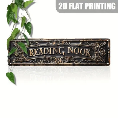 Vintage Reading Nook Wall Decor Bookshelf Metal Tin Signs Book Room Reader Gifts - Image 1 of 3