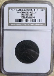 1787 V 17-87A R-2 NGC VF 25 Very Fine Machin's Mills Colonial Copper Coin EAC - Picture 1 of 5