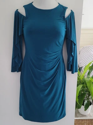 Lauren Ralph Lauren Cold-Shoulder Teal Dress Size 6 Flared Sleeve Lined - Image 1 of 4
