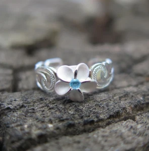 Sterling Silver Blue Stone Plumeria Hawaii Flower Hawaiian Scroll Band Toe Ring - Picture 1 of 6