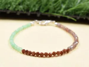 Chrysoprase+Goldstone+Peach Moonstone 3mm Faceted Beaded Gemstone Bracelet 7" - Picture 1 of 7