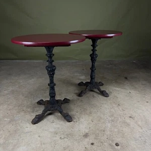 Pair of Burgundy Bistro Tables with Cast Iron Base and Oak Tops - Picture 1 of 7