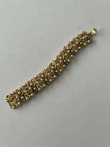 Vintage Charel Trifari Gold tone Faux Pearl Rhinestone Vine Bracelet - Picture 1 of 14