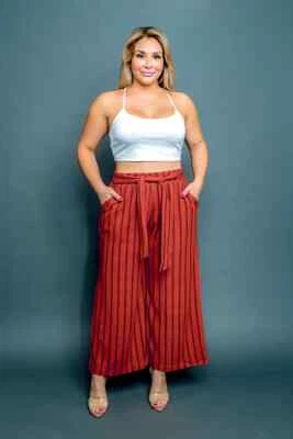 Womens Plus Size Pumpkin Orange Stripe Palazzo Pants 3XL Tie Front Pockets  - Image 1 of 3