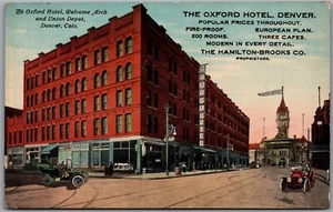 Postcard Denver Colorado The Oxford Hotel Union Depot Welcome Arch Advertisement - Picture 1 of 2