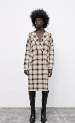 zara oversize  knit check coat Cream/browns  size S BNWT - Image 1 of 4