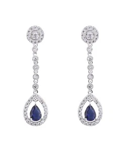 White gold finish pear cut blue sapphire and created diamond earrings free post - Picture 1 of 8