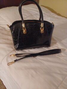 Glossy Black Faux Crocodile Gold Hardware Crossbody Purse Handbag