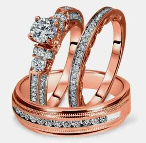 Conjunto de trío de diamantes de corte redondo de 3,00 quilates enchapado en oro rosa de 14 quilates - Imagen 1 de 1