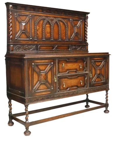 Sideboard, Jacobean Style, Carved Wood, English, Oak Barley Twist, Early 1900's! Cover
