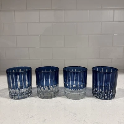 WILLIAMS SONOMA BLUE WILSHIRE JEWEL CUT SET OF 4 GLASSES 3.75” NEW  - Image 1 of 3