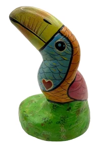 Hand-painted Mexican Tonala Ceramic Toucan with Heart, Artist Initialed - Picture 1 of 6