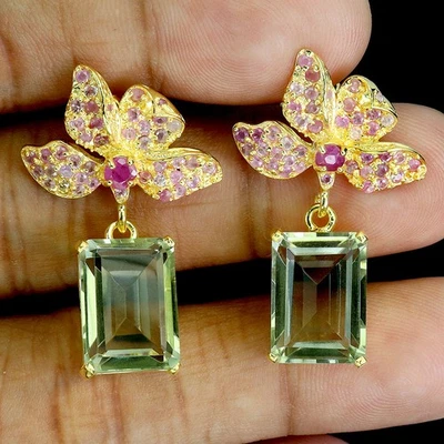 Pendientes de plata de ley 925 octágono amatista verde 14x10 mm piedras preciosas rubí Foto 1 de 4