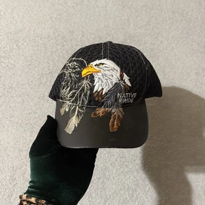 Native Pride Black Cap Bald Eagle Feathers Embroidered Indian Hat Shadow - Picture 1 of 7