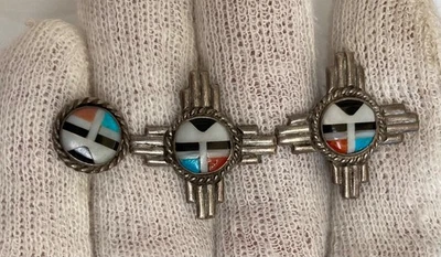 复古 Zuni 美洲原住民镶嵌纯银表面袖扣和领带 — 第 1/4 张图片