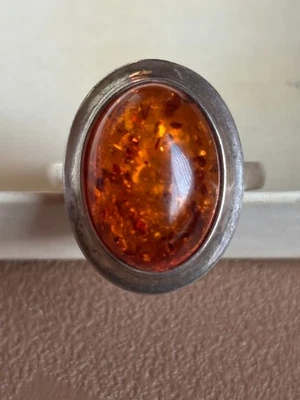 Anillo Cabujón Ámbar Vintage en Plata 925 Talla 8 Foto 1 de 4