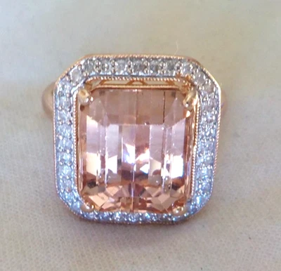 Anillo Orianne Oro Rosa 14K 6.36ct Morganita 0.30ct Diamante Halo - 6.30 gms, Talla 7 Foto 1 de 4