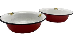 Enamel Ware Metal Bowl Set 2 Floral Red Serving 9.5" Farmhouse Rustic Vintage - Picture 1 of 10