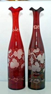 Pair Antique Decanters Wine Grapes Pattern Bohemian Ruby Red glass Etched - Image 1 of 4