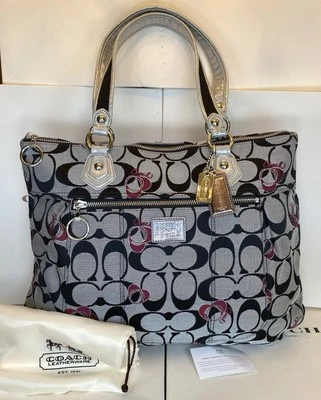 New Coach 18711 Poppy Signature Hearts Metallic Red/Silver Large Glam Tote - Image 1 of 4