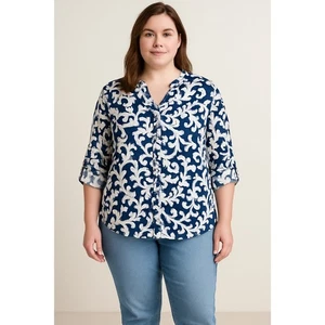JM Collection Linen Blouse 20W Blue White Scroll Print Button Front Roll Tab - Picture 1 of 9