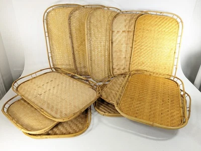 Lote de 11 bandejas de bambú de ratán de colección de 19" de mimbre Tiki Lap TV para servir picnic Foto 1 de 4
