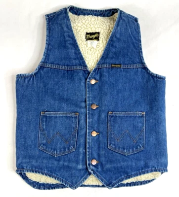 Colete jeans vintage anos 70 Wrangler Sherpa forrado médio M ocidental caminhoneiro sem falha - Imagem 1 de 4
