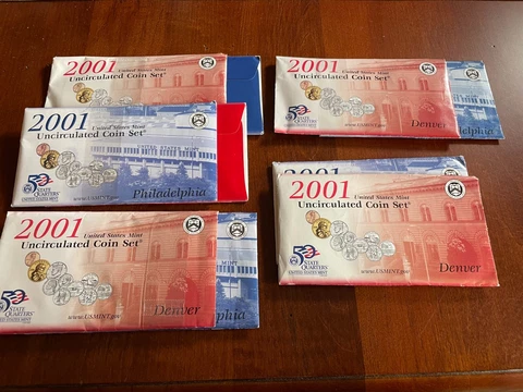 Lot of Five 2001 US Mint Sets  P & D. 10 envelopes with coins as shown Cover