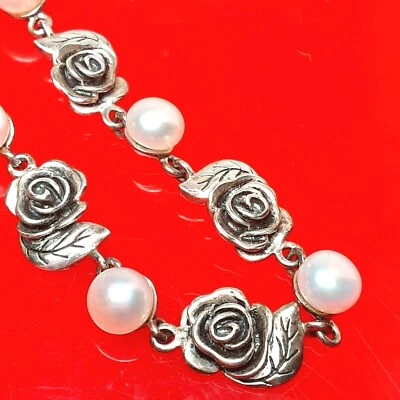 美丽纯银 925 玫瑰与文化白色珍珠网球手链 签名 — 第 1/4 张图片