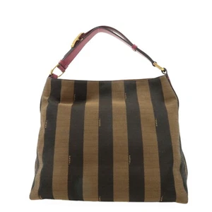 Auth FENDI Pequin Shoulder Bag Black Brown Pink Canvas Leather 8BR669 Used - Picture 1 of 24