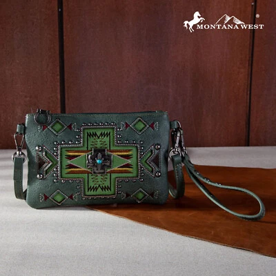 Montana West Concho Collection Purse Western Aztec Crossbody Bag Wristlet Green - Image 1 of 4