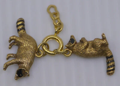 JOAN RIVERS NOAH'S ARK RACCOON CHARM PAIR w EXTENDERS, LEADERS, ENAMELED JEWELRY - Image 1 of 2